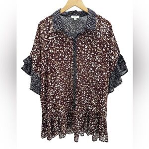Umgee Office Dressy Casual Metallic Leopard Print Semi Sheer Tunic Blouse Top L